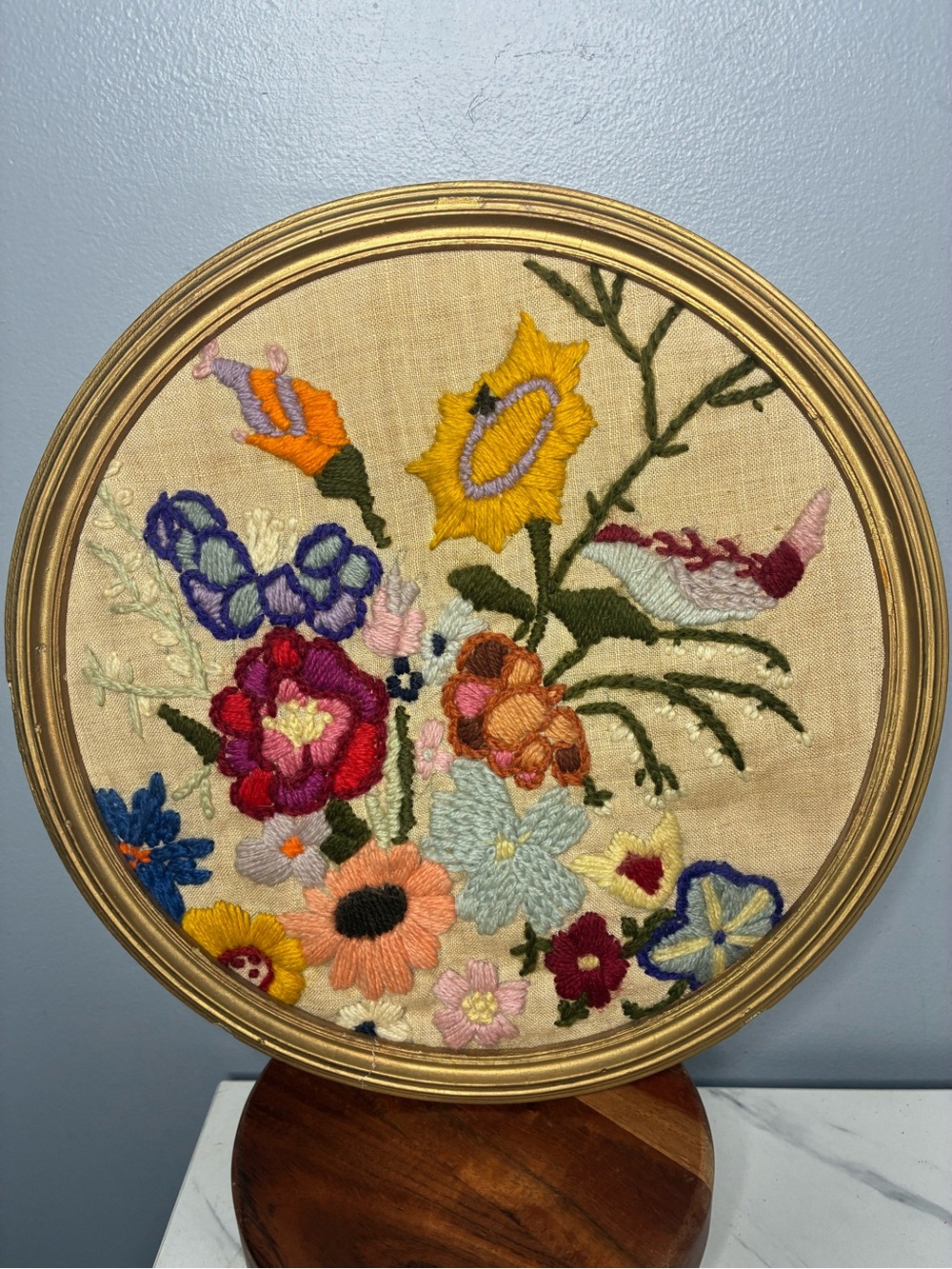 Vintage Framed Floral Crewel Embroidery Round Gold Frame Cottagecore